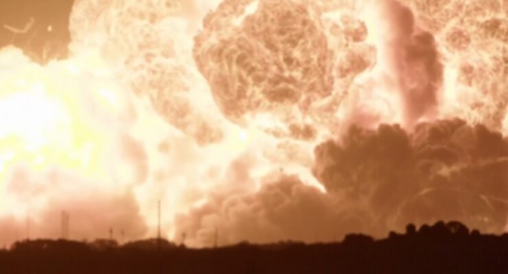 A record-breaking explosion and fireball was captured by multiple cameras trained on the Blue Origin rocket at Launch Complex 36 at Cape Canaveral Space Station. Image: Spaceflight Now
