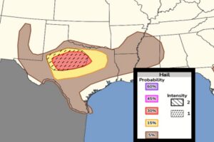 The area in red has the highest risk of seeing hail today; the hatched area shows where the largest hail could fall. Image: SPC