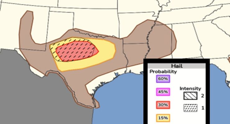 The area in red has the highest risk of seeing hail today; the hatched area shows where the largest hail could fall. Image: SPC