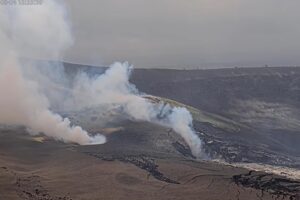 The current view at Kilauea Volcano shows steam rising from vents likely to erupt lava in the coming hours or days on the Big Island of Hawaii. Image: USGS