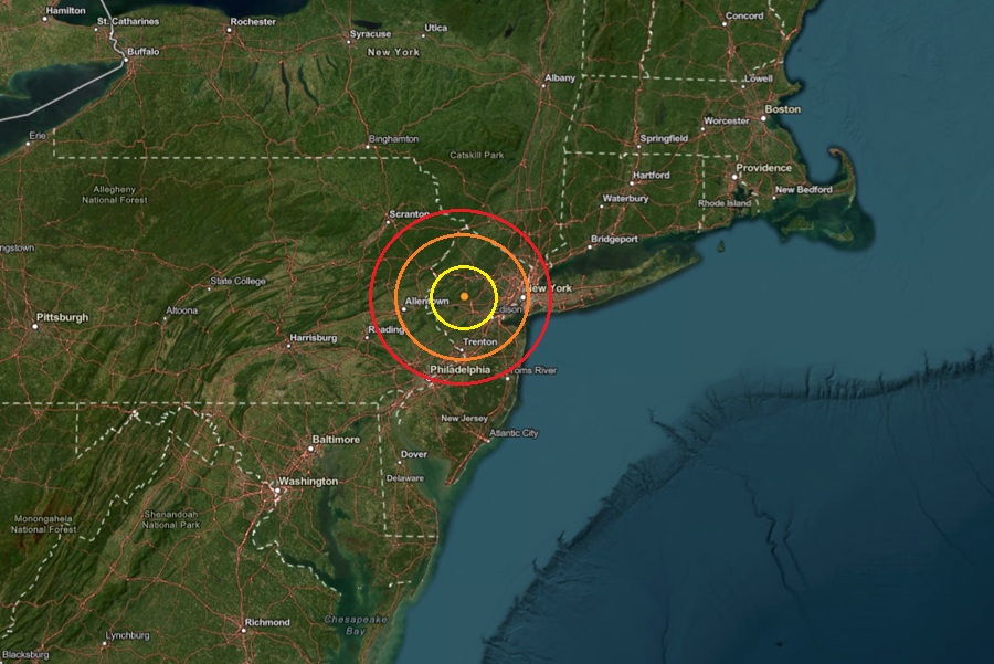 Today's earthquake struck at the orange dot inside the colored concentric circles on this map.  Image: USGS