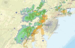Severe Thunderstorm Warnings have been issued for portions of Pennsylvania, New Jersey, and New York as a line of storms moves through the region. Image: NWS