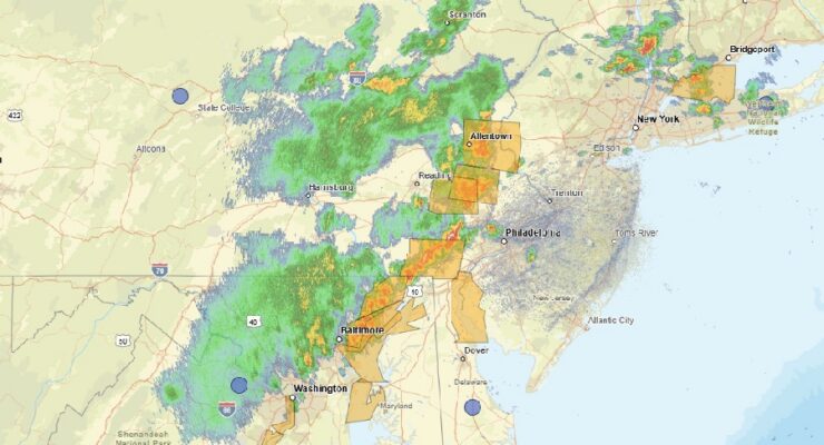 Severe Thunderstorm Warnings have been issued for portions of Pennsylvania, New Jersey, and New York as a line of storms moves through the region. Image: NWS