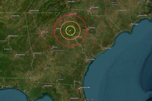 The epicenter of today's earthquake was at the orange dot inside the colored concentric circles on the map. Image: USGS