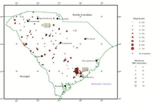 Earthquake history in South Carolina from 1800 to 1999. Image: Comprehensive Seismic Risk & Vulnerability Study for the State of South Carolina / URS / South Carolina Emergency Preparedness Division