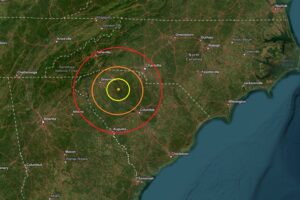 A pair of earthquakes struck Friday evening near the orange dot inside the colored concentric circles on this map. Image: USGS