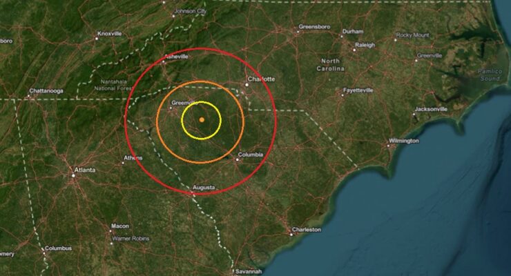 A pair of earthquakes struck Friday evening near the orange dot inside the colored concentric circles on this map. Image: USGS