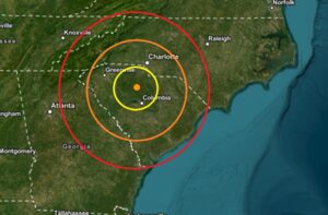 Today's earthquake struck at the orange dot inside the colored concentric circles on this map. Image: USGS