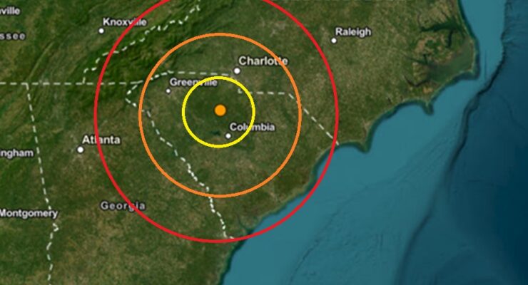 Today's earthquake struck at the orange dot inside the colored concentric circles on this map. Image: USGS