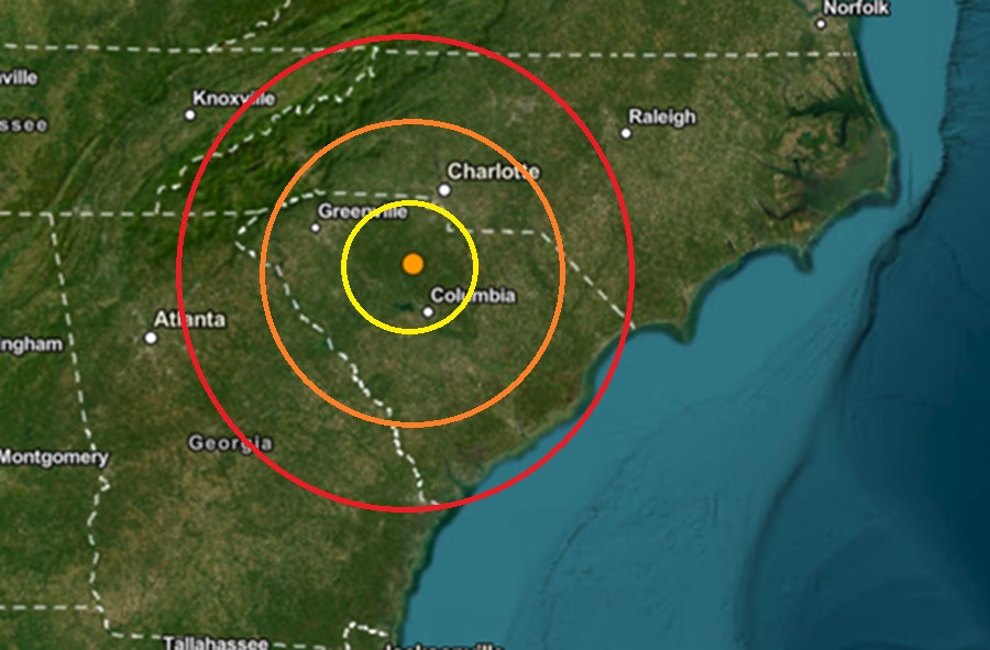 Today's earthquake struck at the orange dot inside the colored concentric circles on this map. Image: USGS