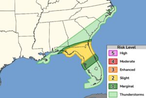 The yellow zone has the highest odds of seeing severe weather on Saturday. Image: NWS