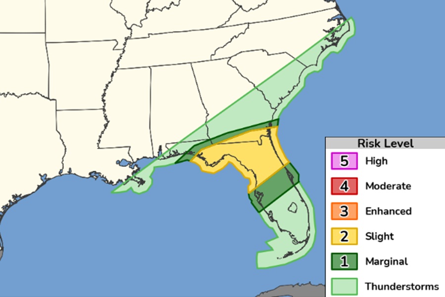 The yellow zone has the highest odds of seeing severe weather on Saturday. Image: NWS