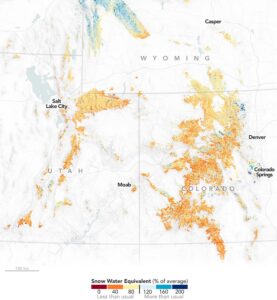 A significant snow drought is impacting the western United States. Image: NASA Earth