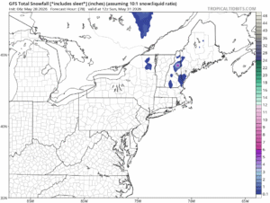 The last weekend of May could feature some pockets of accumulating snow in the northeast, as this American GFS computer forecast model shows. Image: tropicaltidbits.com