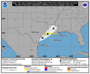 Tropical Storm Watches have been issued for the areas in yellow. Image: USGS