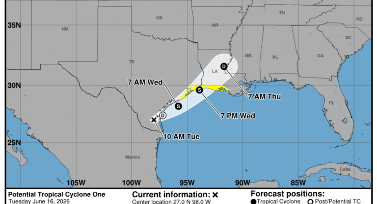 Tropical Storm Watches have been issued for the areas in yellow. Image: USGS