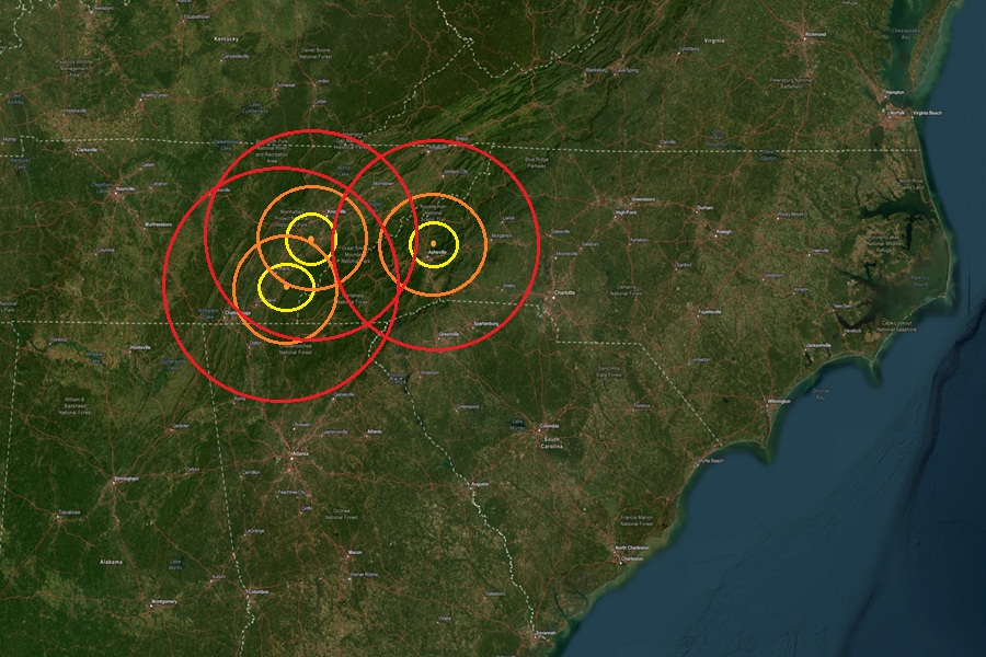 The epicenter of each of the three earthquakes to hit is at an orange dot inside concentric, colored circles on this map in eastern Tennessee and western North Carolina.  Image: USGS