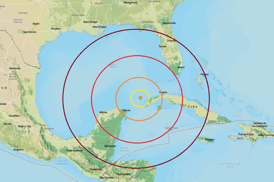 The earthquake epicenter is located at the orange dot inside the colored concentric circles on the map. Image: USGS