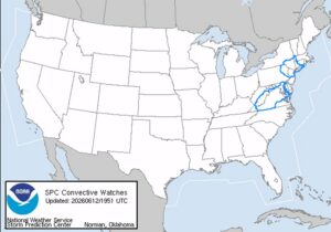 The areas within the blue lines are under a Severe Thunderstorm Watch as of press time. Image: NWS SPC