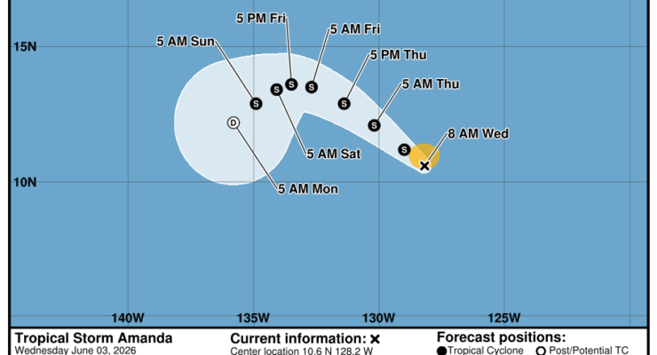 Latest forecast track for Tropical Storm Amanda issued by the National Hurricane Center. Image: NHC