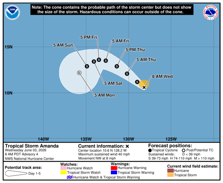 Tropical Storm Amanda Forms Well East of Hawaii