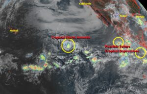 The National Hurricane Center is tracking three areas of concern in the Pacific, including Tropical Storm Amanda, the first named storm for the 2026 hurricane season. Image: NOAA