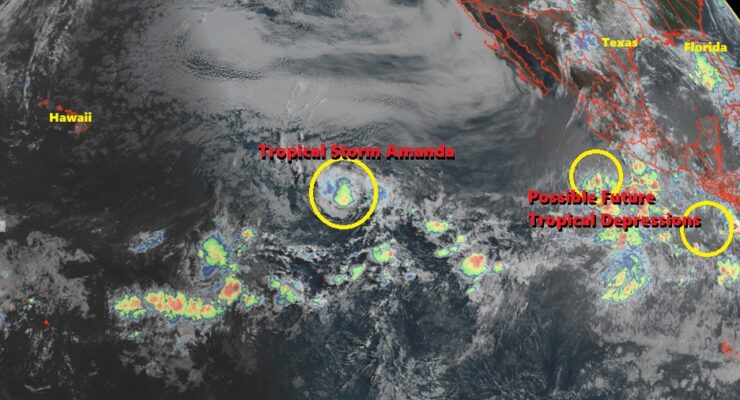 The National Hurricane Center is tracking three areas of concern in the Pacific, including Tropical Storm Amanda, the first named storm for the 2026 hurricane season. Image: NOAA