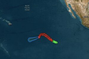Amanda's future track is shown in the open cone while its past path across the Pacific is also documented. Image: NHC