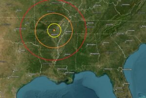 The epicenter of the earthquake is at the orange dot inside the colored concentric circles. Image: USGS