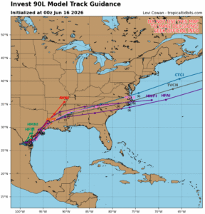 Possible storm tracks based on computer forecast model data. Image: tropicaltidbits.com