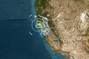 A strong earthquake struck California near the star on this map; the rings illustrate shaking felt by people, with the rings closest to the epicenter experiencing the strongest shaking. Image: USGS