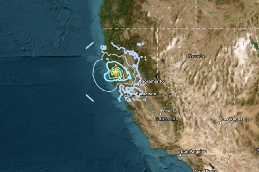A strong earthquake struck California near the star on this map; the rings illustrate shaking felt by people, with the rings closest to the epicenter experiencing the strongest shaking. Image: USGS
