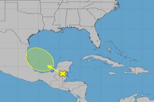 The National Hurricane Center has identified an area (shown here in yellow) as an area of concern they are tracking for signs of tropical cyclone development. Image: NHC