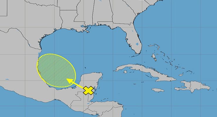 The National Hurricane Center has identified an area (shown here in yellow) as an area of concern they are tracking for signs of tropical cyclone development. Image: NHC