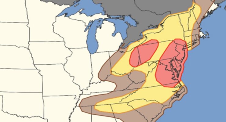Damaging winds are possible in severe thunderstorms across the colored regions of this map; the red zones have the highest odds of severe damaging winds. Image: SPC