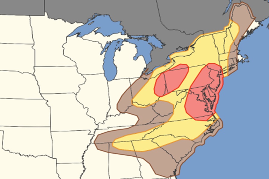 Damaging winds are possible in severe thunderstorms across the colored regions of this map; the red zones have the highest odds of severe damaging winds. Image: SPC