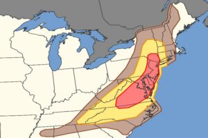 Severe thunderstorms are possible in the shaded regions on this map; the red area is at greatest risk of damaging wind gusts from PM storms today. Image: NWS SPC