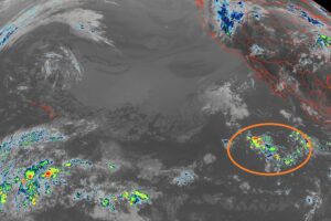 A Tropical Depression is expected to develop in the orange circled area on this current GOES-West weather satellite image in the coming days. Image: NOAA