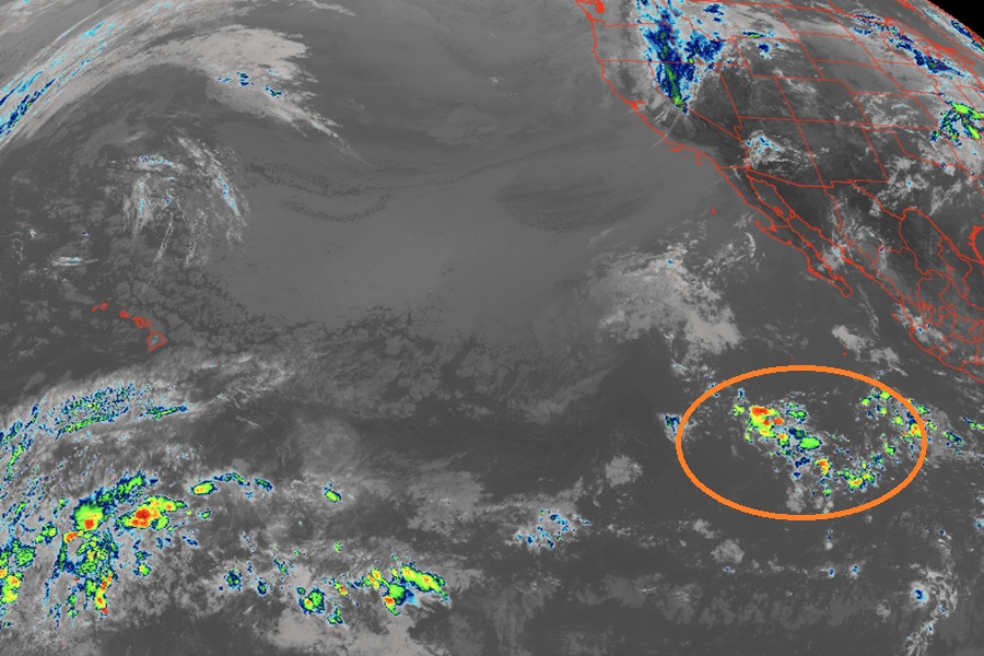 A Tropical Depression is expected to develop in the orange circled area on this current GOES-West weather satellite image in the coming days. Image: NOAA