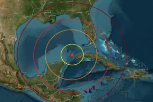 The strong earthquake epicenter is located at the red dot inside the colored concentric circles. Image: USGS