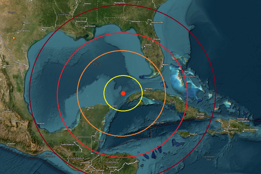 The strong earthquake epicenter is located at the red dot inside the colored concentric circles. Image: USGS