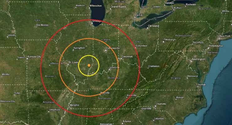The epicenter of today's earthquake is at the orange dot inside the colored concentric circles on the map. Image: USGS
