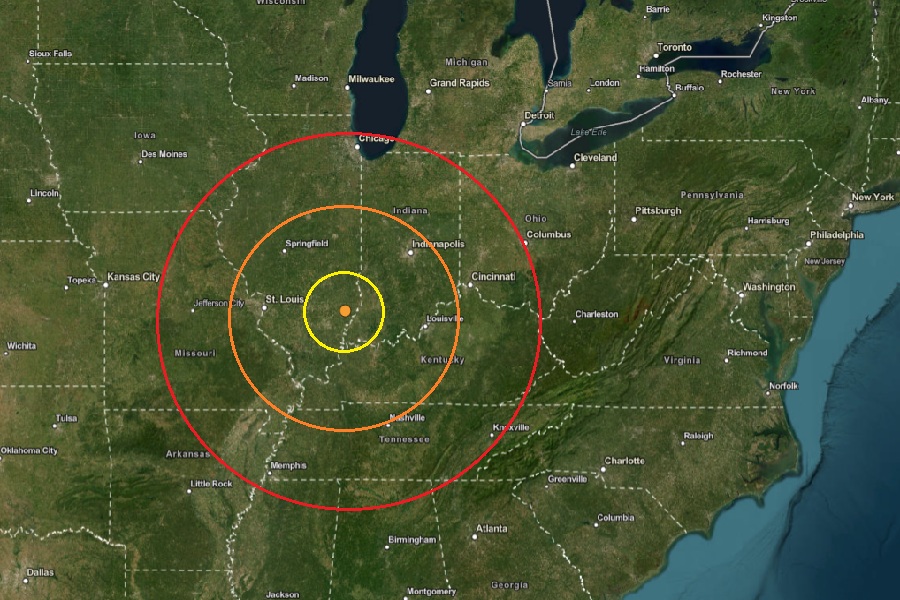 The epicenter of today's earthquake is at the orange dot inside the colored concentric circles on the map. Image: USGS