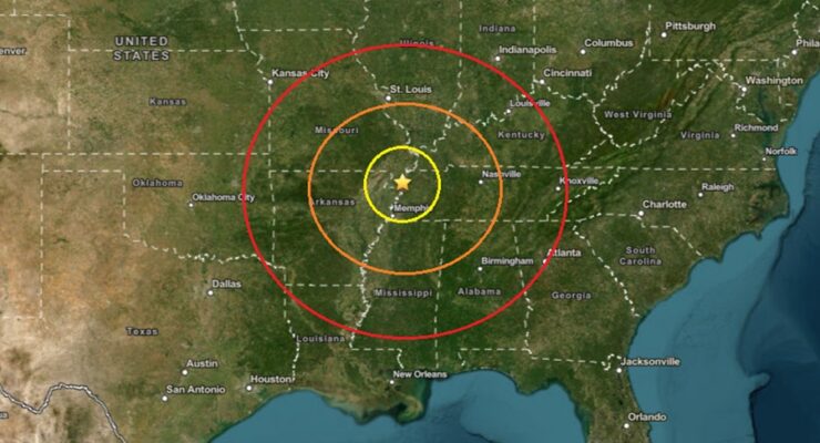 The epicenter of today's earthquake is at the star inside the colored, concentric circles. Image: USGS