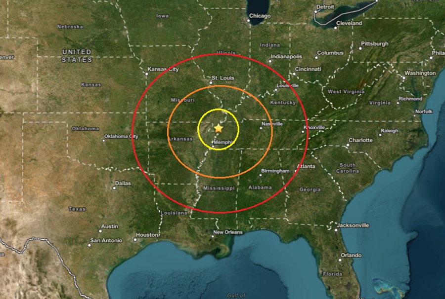 The epicenter of today's earthquake is at the star inside the colored, concentric circles. Image: USGS