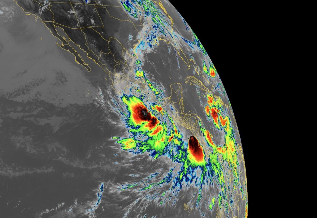 Latest GOES-West weather satellite imagery shows Tropical Storm Boris about to impact Mexico while soon-to-become Tropical Storm Cristina spins to its south. Image: NOAA