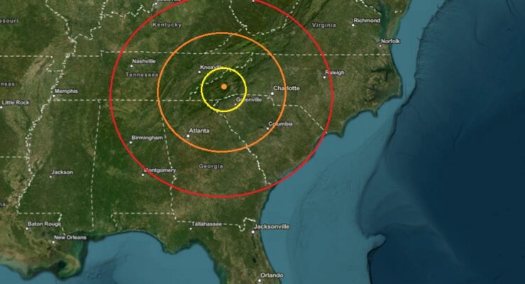 The epicenter of the earthquake was at the orange dot inside the colored concentric circles on this map. Image: USGS