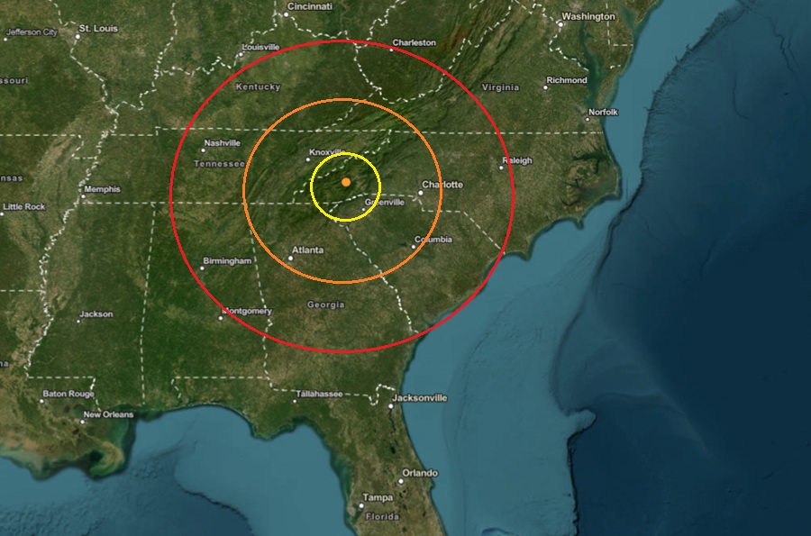 The epicenter of the earthquake was at the orange dot inside the colored concentric circles on this map. Image: USGS