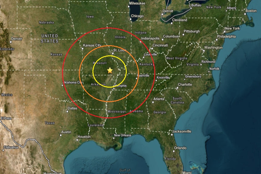 The earthquake struck at the star inside the colored concentric circles on this map. Image: USGS