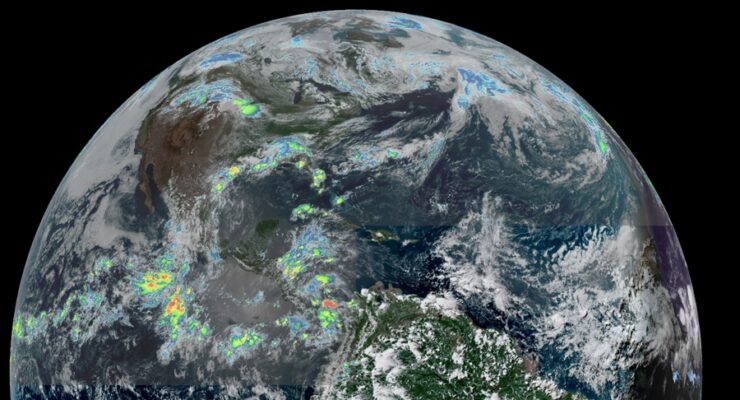 This latest view of the Northern Hemisphere from the GOES-East weather satellite shows an Atlantic and Pacific ocean around North America free of any tropical cyclones. Image: NOAA